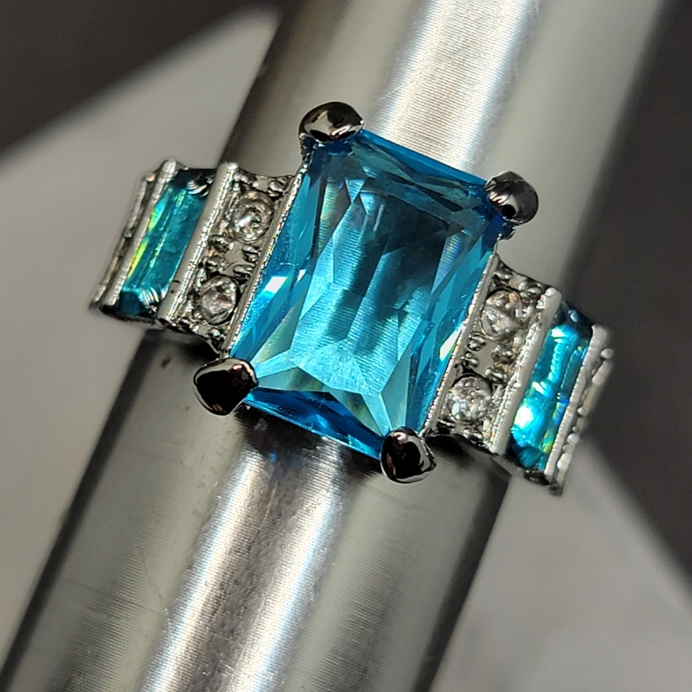 Silver Tone Simulated Blue Topaz Gemstone Ring